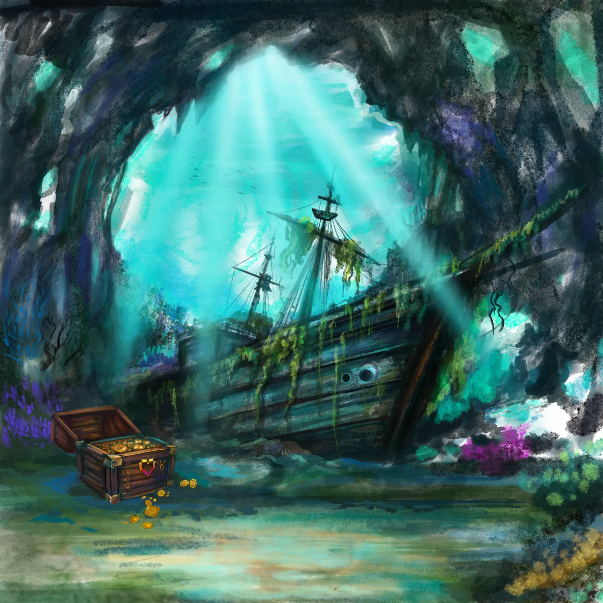 Sunken ship resting in a cavern of turquoise underwater light